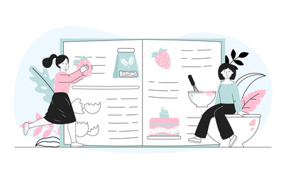 Girls with recipe book. Women with berries, flour near guidebook for cooks. Food preparation process. Homemade bakery cooking. Linear vector illustration