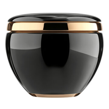 recommend clip art: Isolated black luxury cream jar with a high-gloss finish and gold accent lid clipart on transparent background