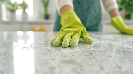 A person with green gloves is diligently cleaning and wiping a kitchen countertop under bright, natural light