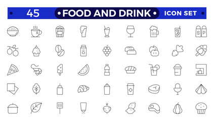 Food icon collection. Containing meal, restaurant, dishes and fruits icon. Set of outline icons related to food and drink. Linear icon collection.
