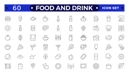 Food icon collection. Containing meal, restaurant, dishes and fruits icon. Set of outline icons related to food and drink. Linear icon collection.