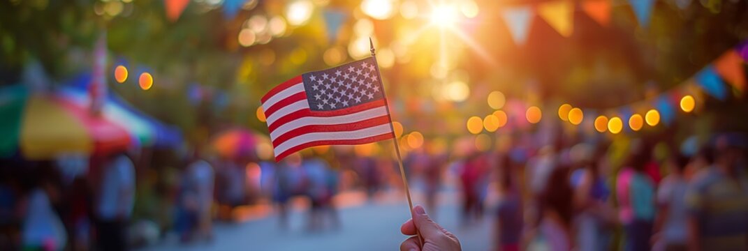 Hand holding American flag at a festive outdoor celebration