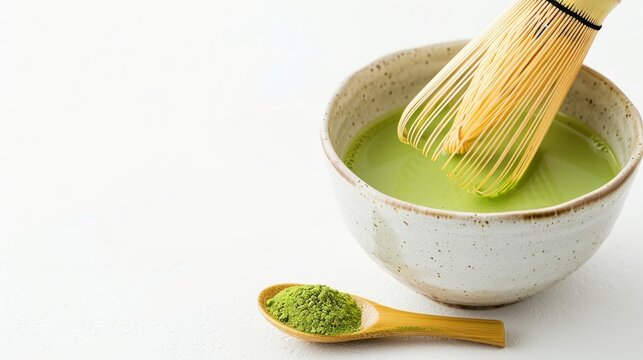 Steaming matcha tea in a simple cup, paired with a bamboo whisk, isolated on a white background with generous copy text space