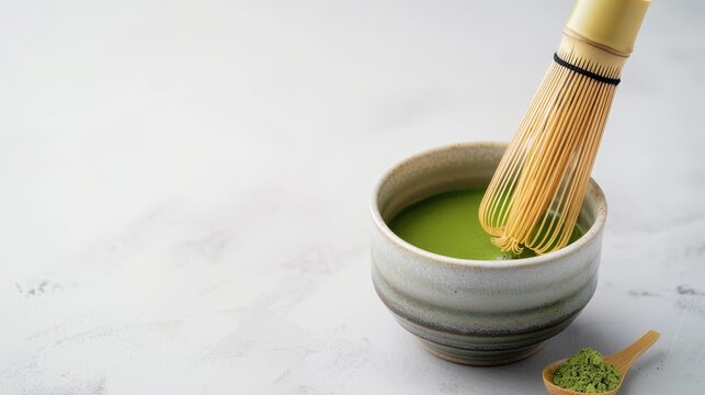Steaming matcha tea in a simple cup, paired with a bamboo whisk, isolated on a white background with generous copy text space