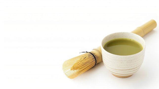 Steaming matcha tea in a simple cup, paired with a bamboo whisk, isolated on a white background with generous copy text space