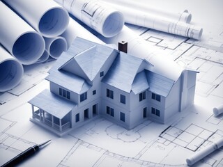 architectural plan. construction site, pencils and blueprints on a messy table.