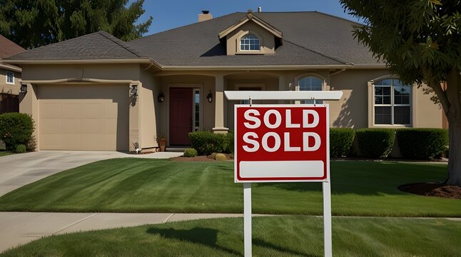 Home in suburbia with Sold sign manicured lawn and trees.generative.ai