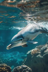Fototapeta premium Underwater Portrait of a Dolphin Swimming Through Blue Water