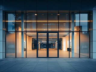 a glass building with a large entrance