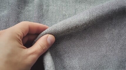 A hand pinching a piece of fabric in depiction of person testing the quality and feel of textile material
