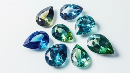 Fototapeta premium A selection of pear-shaped sapphires in teal, green, and blue, arranged beautifully on a white background.