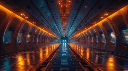 Airplane Cabin Interior, Orange and Blue Lights