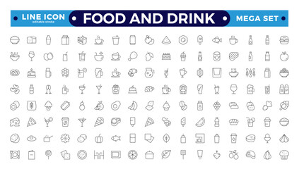 Food icon collection. Containing meal, restaurant, dishes and fruits icon. Set of outline icons related to food and drink. Editable stroke outline icon.
