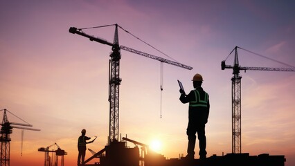 silhouette of construction engineers discussing building plans at sunset.