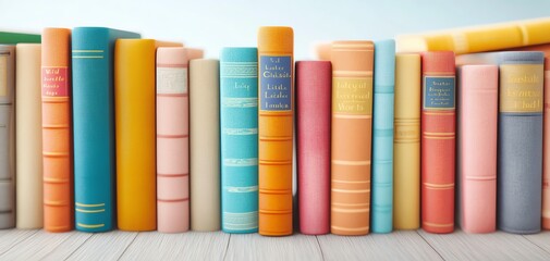 Naklejka premium A vibrant collection of colorful books lined up on a shelf, perfect for showcasing creativity and knowledge.