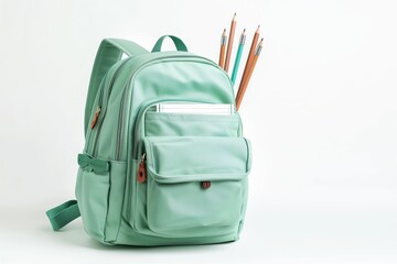 Mint green backpack with pencils and notebook on white background