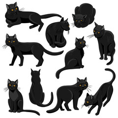 vector drawing black cats with yellow eyes isolated at white background, hand drawn illustration