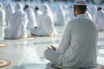 Muslim pilgrims in white traditional clothes praying at Kaaba in Makkah