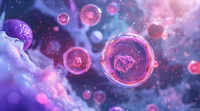 Vibrant depiction of cells under microscope, highlighting biotechnology themes and scientific discoveries.