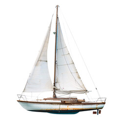Obraz premium A weathered sailboat with tattered sails glides gracefully across tranquil waters as the sun sets, casting a warm glow over the scenery