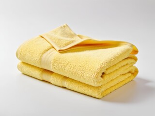 Neatly folded yellow towel isolated on white background.