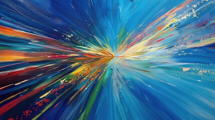 Dynamic motion captured in a burst of colorful lines, creating a sense of speed and energy on a blue canvas.