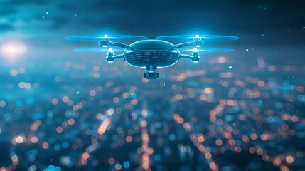 Futuristic Drone Flying Over City Lights