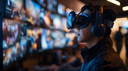 a man uses virtual reality tools and a headset to play games