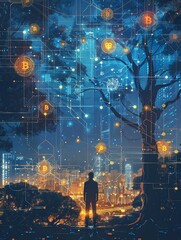 Obraz premium Fractal city lightscape, digital data concept, glowing grid pattern wallpaper create, eye, catch, graphic, rear, view, perspective, figure, interact, blockchain, visual, creation, inclusion, disruptio