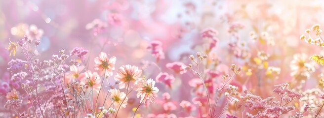 Obraz premium Pink and Yellow Flowers in a Sunlit Meadow