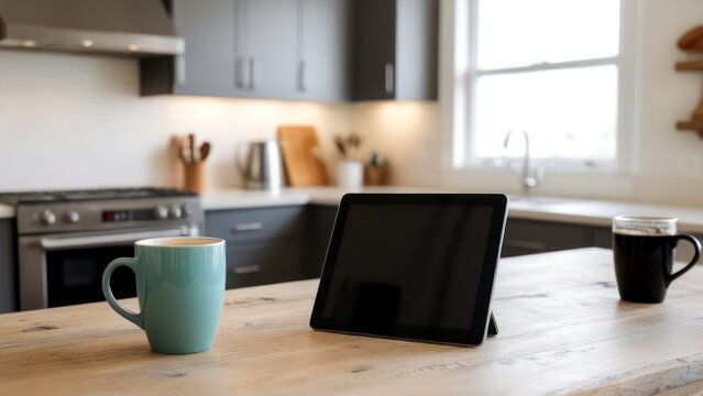  mugs, macbook and tablet sitting on counter at kitchen counter,