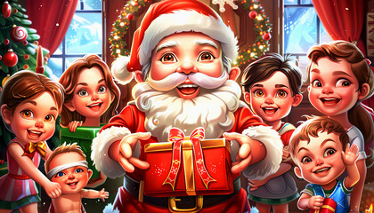 Santa Claus Presenting a Christmas Gift to Children