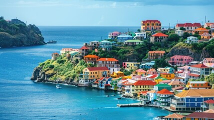 The vibrant colors of houses in a charming seaside town, contrasting beautifully with the blue ocean backdrop.