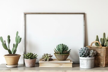 Fototapeta premium Interior poster mockup with metal frame, basket of succulents, and books against a white wall background