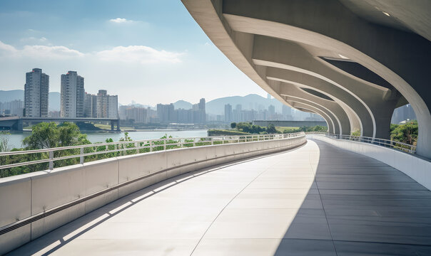Modern Urban Pedestrian Bridge Against Cityscape