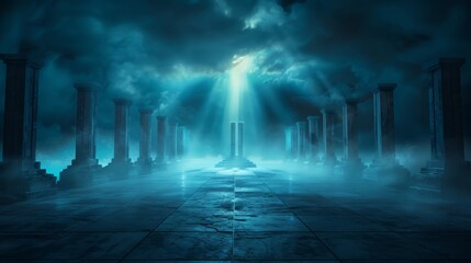 Mysterious Ancient Columns with Blue Light