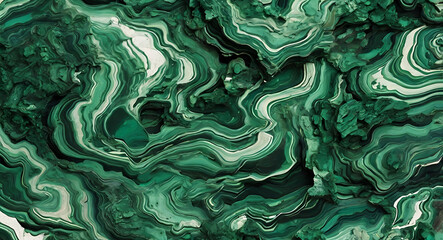 a striking visual of malachite with its distinctive banding patterns and rich green hues, emphasizing the layered textures.