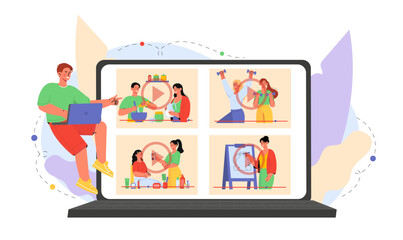 Man with video selection. Young guy watches video on Internet. Multimedia and broadcast. Person with entertainment, fun and leisure. Flat vector illustration