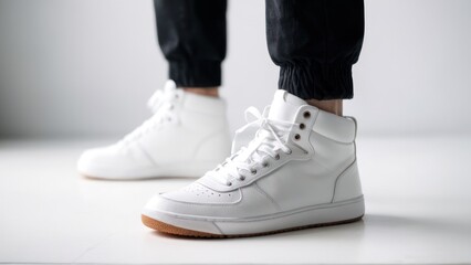  the woman is wearing all white shoes with rainbow stripes,