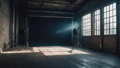 Vintage studio with large windows and dark backdrop ready for a photoshoot