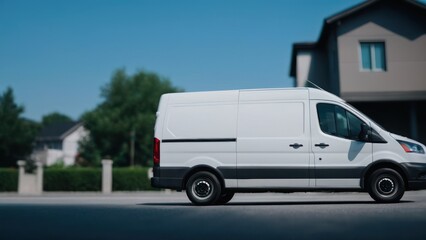  a white van is driving down the street through town,