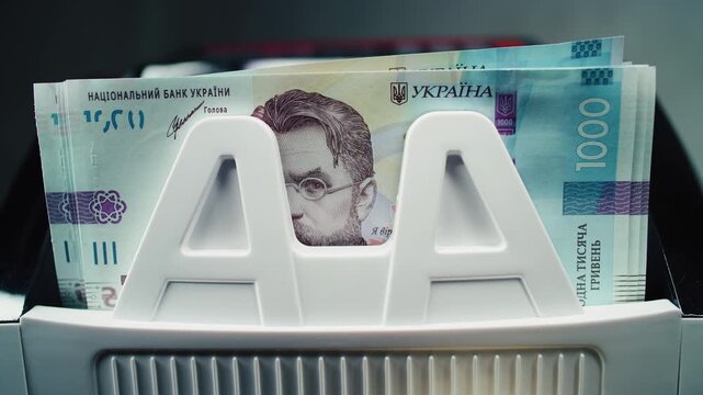 Anonymous person counts money in thousand of hryvnia bills for currency exchange or investment in cash counting machine. Automatic bill counter. Ukraine money bank notes. Finance and banking. Close Up