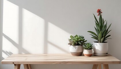 Fototapeta premium Minimalist Interior with Succulent Plants in Various Pots on a Wooden Bench with Sunlight and Shadows
