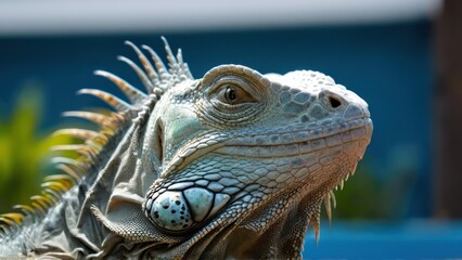 Obraz premium large lizard with green and blue scales looking off to front,