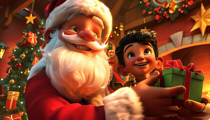 Santa Claus Giving a Gift to a Boy on Christmas Eve