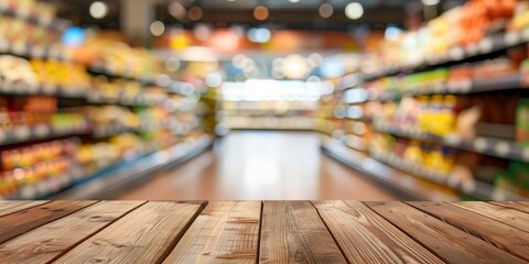A vibrant and colorful supermarket aisle features a wooden display surface that attracts shoppers