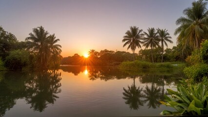 Obraz premium landscape view at sunset reflected in a car mirror,