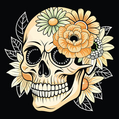 A skull with flowers and a Vintage Halloween Sugar skull T Shirt Design