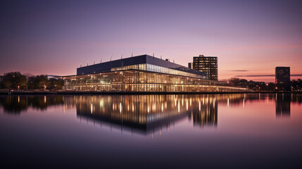 Serene Sunset Over Contemporary Waterfront Building