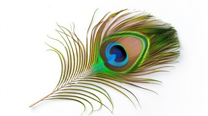 Fototapeta premium Peacock feather with eye pattern, isolated on white, designed with space for text